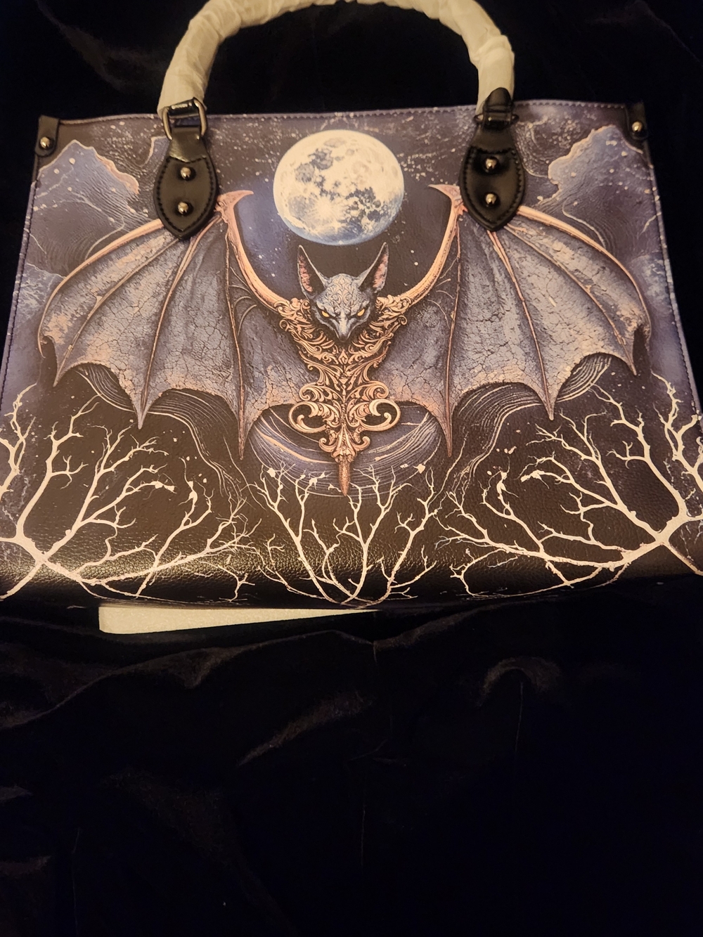Bat Moon Illustration Tote Bag in Black and Purple SKULETTE